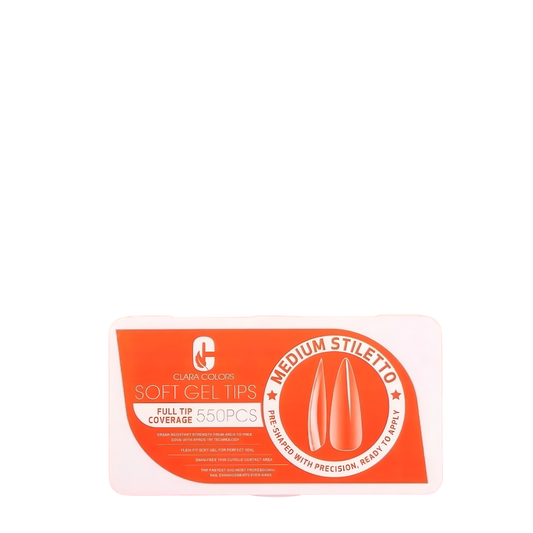Tips de uñas Soft Gel forma Medium Stiletto caja 550 piezas Clara Colors