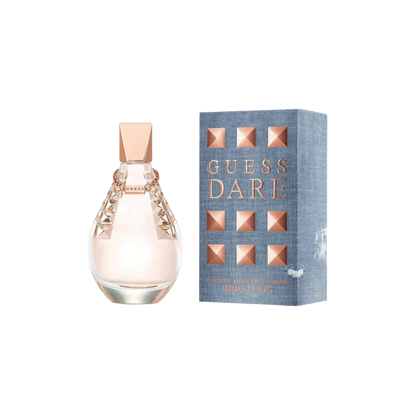 Perfume Guess Dare EDP/EDT para mujer, frasco de 100 ml, fragancia elegante y moderna en envase transparente con detalles en dorado.