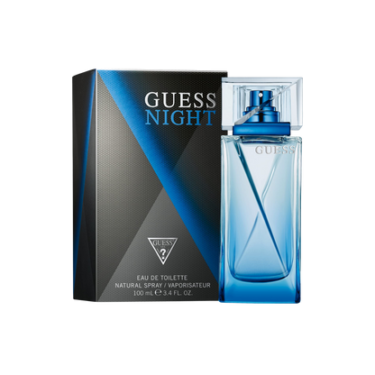 Perfume Guess Night para hombre, frasco de 100 ml, con diseño elegante y detalles en tonos oscuros.
