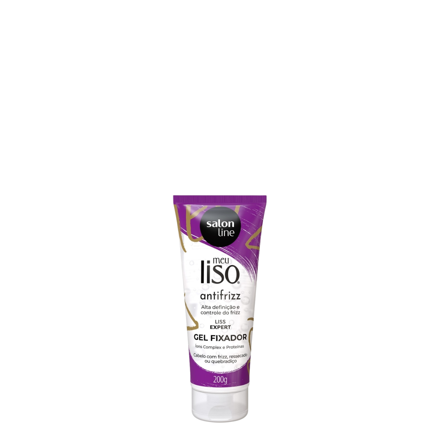 Envase de 200 ml de Gel Fijador Anti-Frizz de la línea Meu Liso de la marca Salon Line, gel modelador y disciplinante sin alcohol para el control de pelitos rebeldes en cabellos lisos