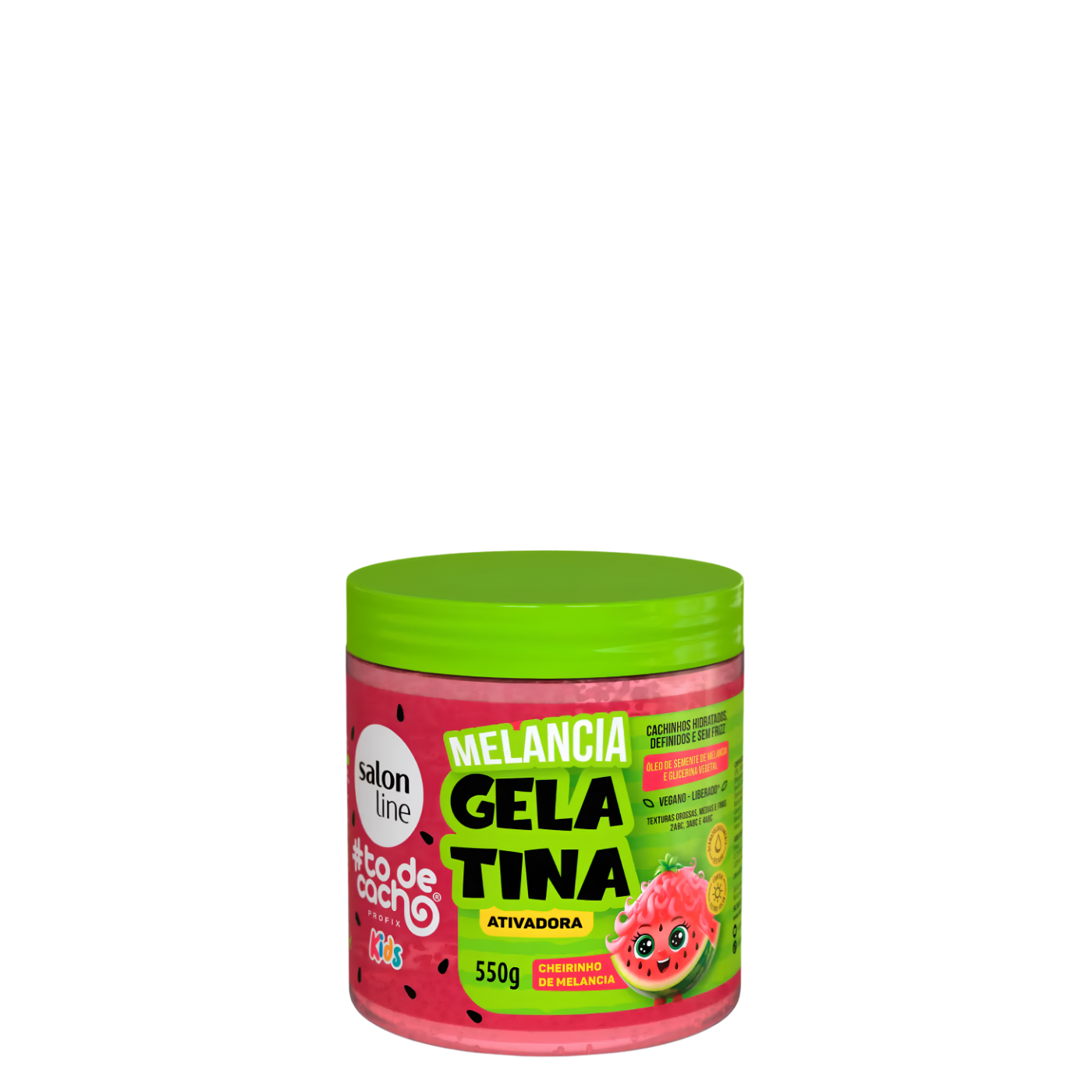 Pote de 550 g de la gelatina activadora #todecacho Kids Sandía (Melancia) de Salon Line, gel fijador suave infantil para definir rizos y controlar el frizz.