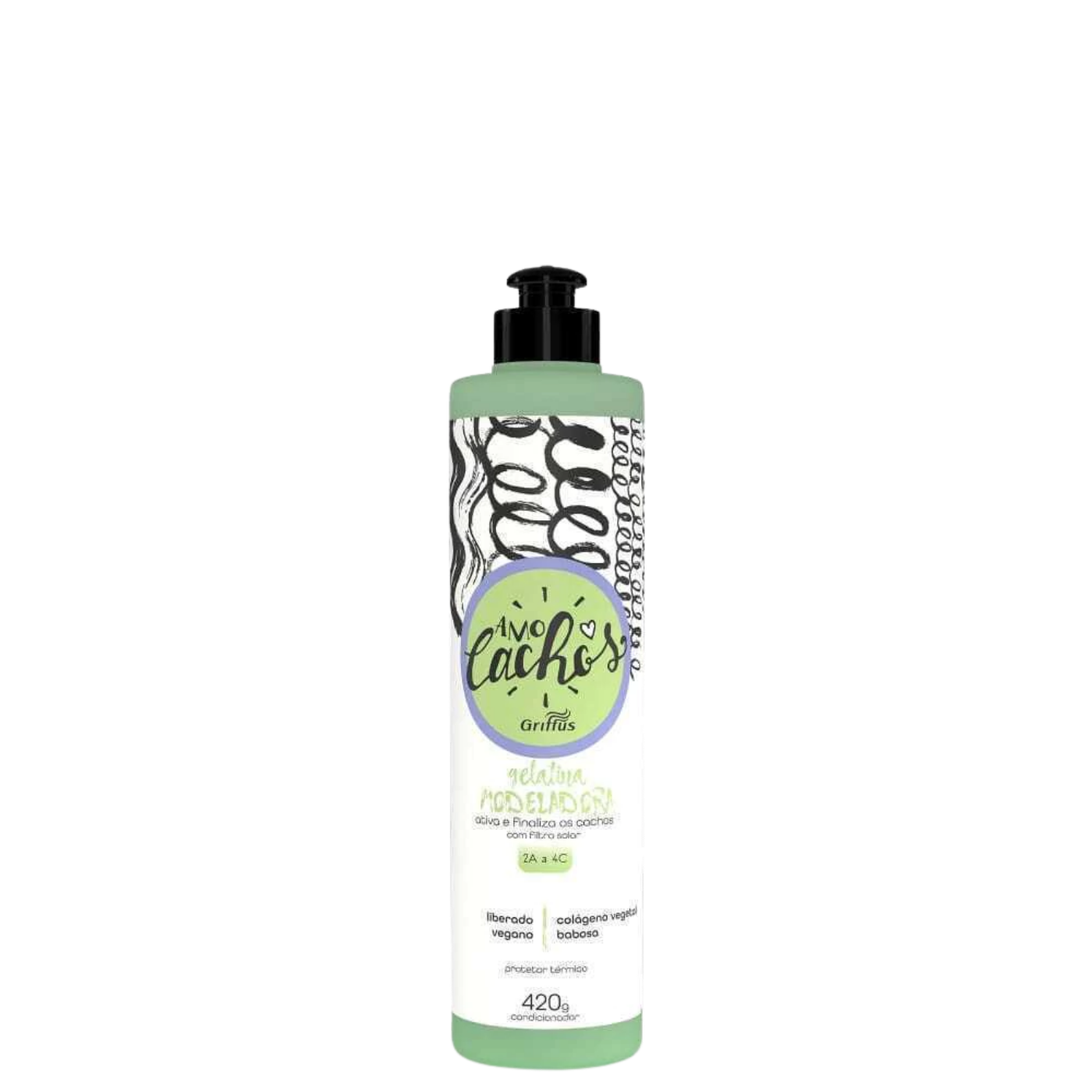Botella de 420 g de Gelatina Modeladora Love Curls de la marca Griffus, gel de estilizado profesional liberado para definir, fijar y controlar el frizz de cabellos rizados y crespos.