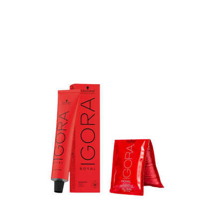 Tinte Schwarzkopf Igora Royal en caja con tonos variados, muestra color uniforme y frascos de tintura para cabello.