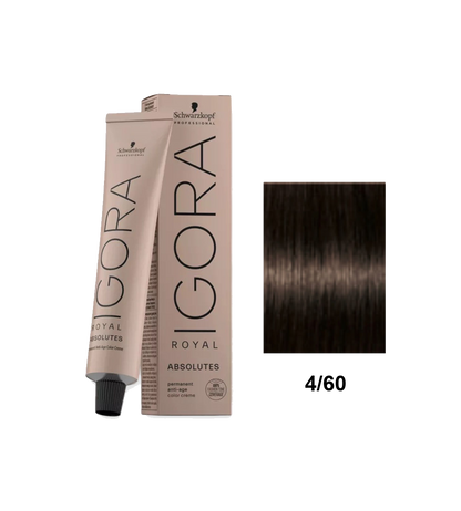 Tinte Schwarzkopf Igora Absolute color 4.60 con tono rubio dorado, en tubo de color.