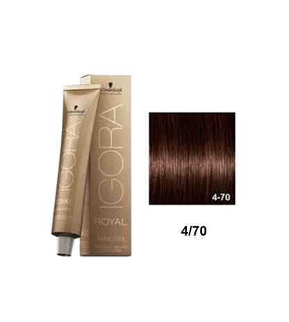 Tinte Schwarzkopf Igora Absolute color 4.70 con tono rubio oscuro dorado en botella y muestras de cabello teñido