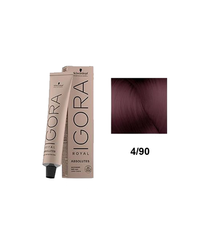Tinte Schwarzkopf Igora Absolute en color 4.90, muestra la caja del producto con el tono de cabello rubio oscuro ceniza.