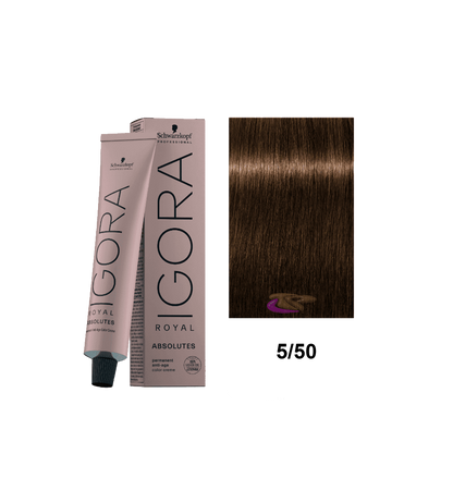 Tinte Schwarzkopf Igora Absolute en tono 5.50, color rubio oscuro dorado, en tubo con etiqueta blanca y dorada