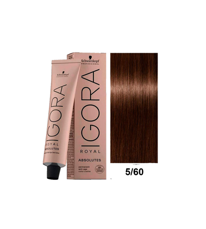 Tinte Schwarzkopf Igora Absolute en tono 5.60, color rubio oscuro con reflejos dorados, en frasco de tintura para cabello.