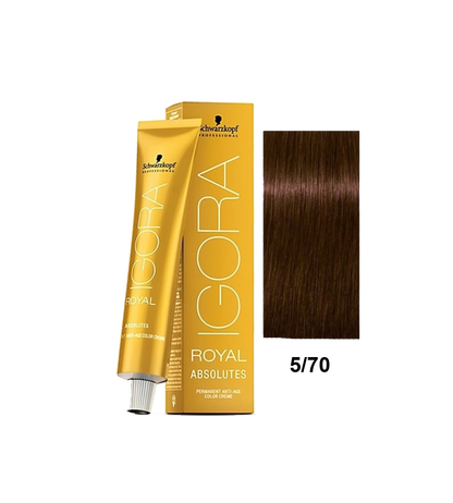 Tinte Schwarzkopf Igora Absolute color 5.70, tonalidad rubio oscuro dorado, en botella con tapa y etiqueta.