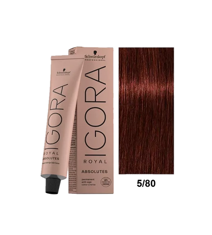 Tinte Schwarzkopf Igora Absolute en tono rubio dorado 5.80, color vibrante y cobertura uniforme, en envase de tintura.