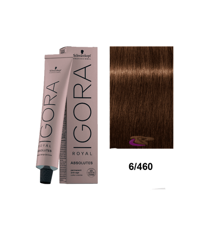 Tinte Schwarzkopf Igora Absolute en tono rubio oscuro con reflejos dorados, en paquete de coloración para cabello.