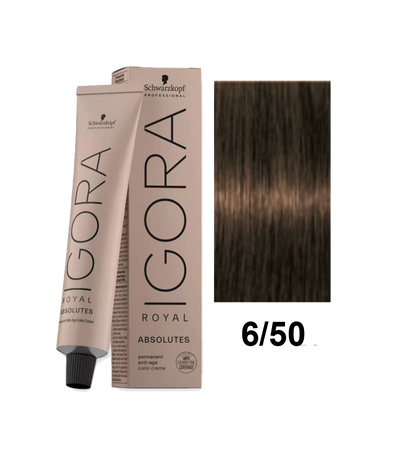 Tinte Schwarzkopf Igora Absolute tono 6.50 con color rubio oscuro dorado en una caja de tintura para el cabello.