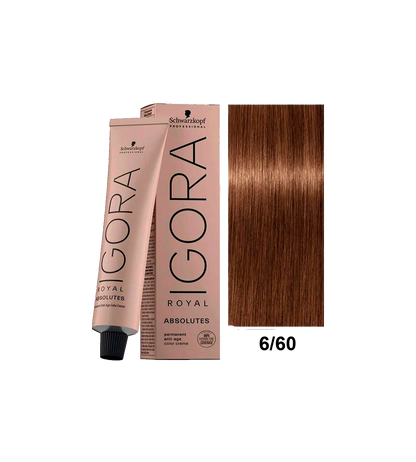 Tinte Schwarzkopf Igora Absolute 6.60 con cabello teñido en tonos castaños dorados y rubios claros.