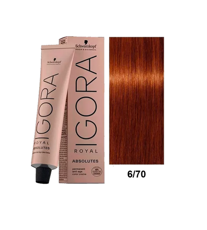 Tinte Schwarzkopf Igora Absolute en tono 6.70, color dorado oscuro, muestra el frasco de tintura para cabello.