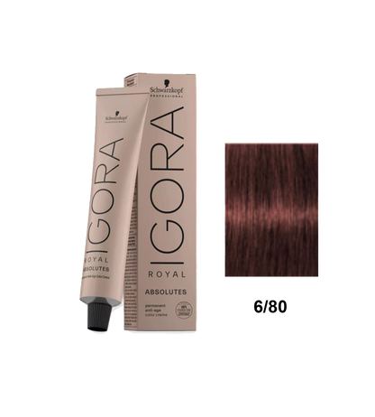 Tinte Schwarzkopf Igora Absolute color 6.80 en botella, muestra el tono rubio intenso con reflejos dorados.