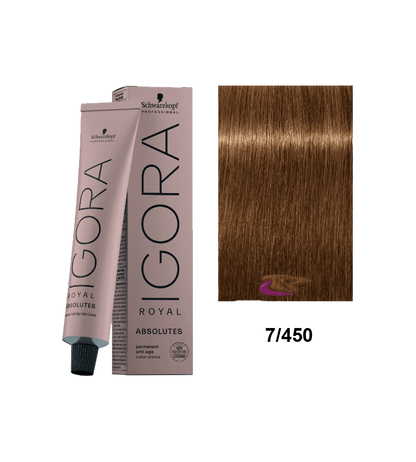 Tinte Schwarzkopf Igora Absolute en tono 7.450, color rubio dorado intenso, con frascos y fórmulas para teñido del cabello