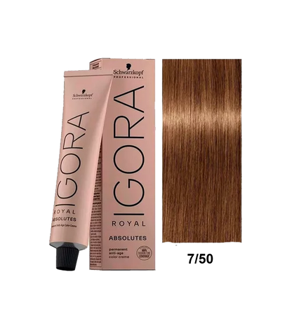Tinte Schwarzkopf Igora Absolute 7.50 en botella, color rubio claro dorado, para cabello con acabado natural y brillante.