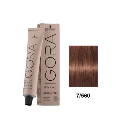 Tinte Schwarzkopf Igora Absolute 7.560 en imagen, muestra el frasco de la tintura para cabello en color rubio claro ceniza.