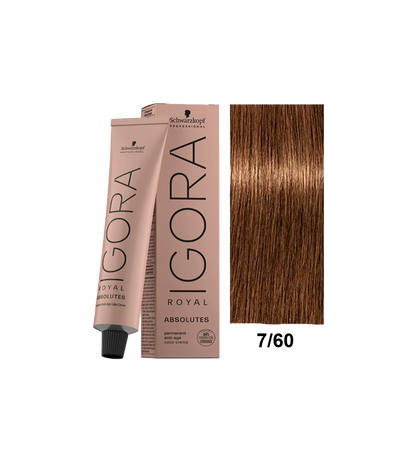 Tinte Schwarzkopf Igora Absolute en tono 7.60, color rubio oscuro dorado, con frascos y fórmula en la imagen.