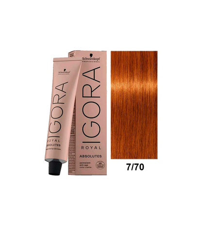 Tinte Schwarzkopf Igora Absolute en tono rubio oscuro dorado 7.70, color de cabello en imagen con bote de tintura.