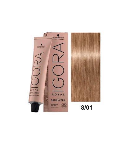 Tinte Schwarzkopf Igora Absolute en tono 8.01, muestra el frasco de tintura para cabello en color rubio claro con tapa negra