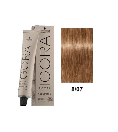 Tinte Schwarzkopf Igora Absolute en tono 8.07, color rubio oscuro con reflejos dorados, mostrando el producto en su envase.