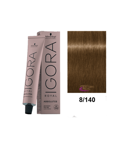 Tinte Schwarzkopf Igora Absolute en tono 8.140, muestra el frasco y la coloración rubia con reflejos dorados en la imagen