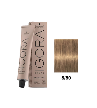 Tinte Schwarzkopf Igora Absolute color 8.50 rubio dorado claro en tubo para cabello.