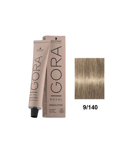 Tinte Schwarzkopf Igora Absolute 9.140 en tubo con coloración rubia clara para cabello.