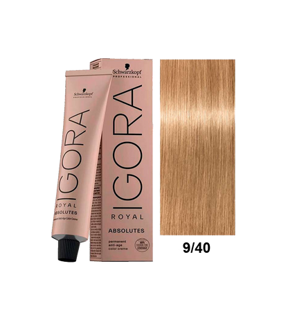 Tinte Schwarzkopf Igora Absolute en tono 9.40, color rubio dorado, en envase con tapa y etiqueta visible