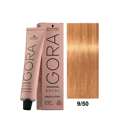 Tinte Schwarzkopf Igora Absolute en tono 9.50, color rubio ceniza claro, muestra la caja del producto de tintura para cabello