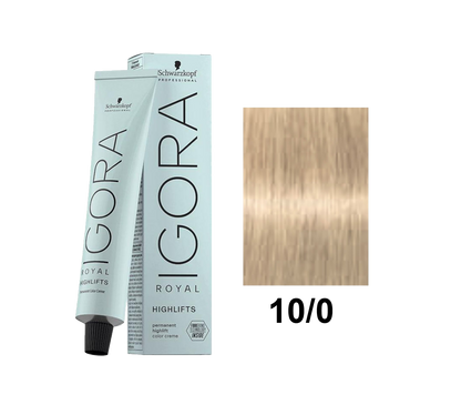 Tinte Schwarzkopf Igora Royal 10.0 con coloración rubia natural en botella para cabello.