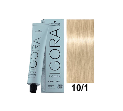 Tinte Schwarzkopf Igora Royal en tono rubio ceniza claro 10.1, frasco con crema de color para cabello.
