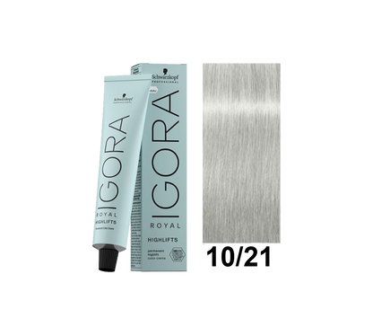 Tinte Schwarzkopf Igora Royal en tono 10.21, muestra el frasco del color rubio ceniza claro en la imagen