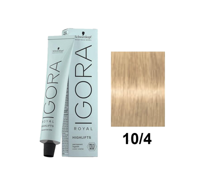 Tinte Schwarzkopf Igora Royal 10.4 con color rubio claro dorado en tubo para cabello.