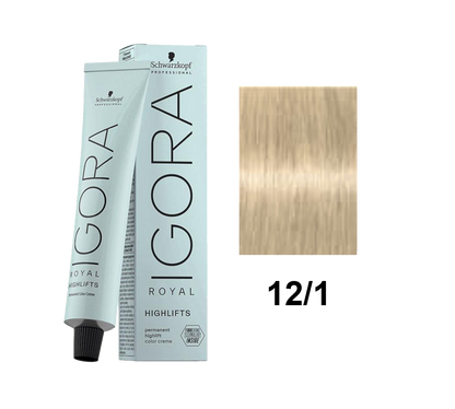 Tinte Schwarzkopf Igora Royal en tono 12.1, crema para color de cabello rubio dorado, con frascos y guantes.