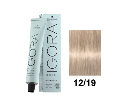 Tinte Schwarzkopf Igora Royal 12.19, muestra el color rubio ceniza claro en un frasco de tintura capilar.