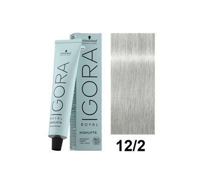 Tinte Schwarzkopf Igora Royal en tono 12.2, color rubio claro con reflejos ceniza, en botella de tintura para cabello.