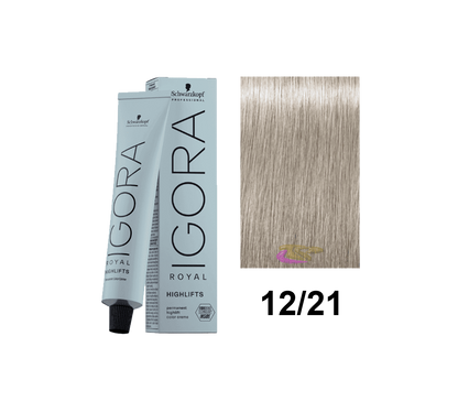 Tinte Schwarzkopf Igora Royal 12.21 con color rubio ceniza claro en tubo de tinta para cabello.