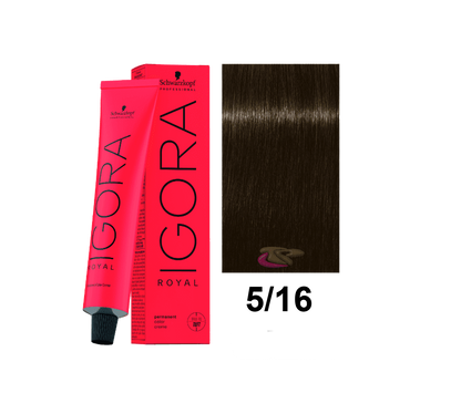 Tinte Schwarzkopf Igora Royal en tono 5.16, color rubio oscuro con matices dorados, en envase de la tintura.
