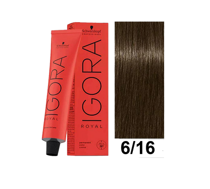 Tinte Schwarzkopf Igora Royal en tono 6.16, muestra el frasco y la coloración vibrante para cabello oscuro.