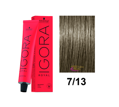 Tinte Schwarzkopf Igora Royal tono 7.13 con cabello teñido en estilo natural y color rubio claro ceniza, en primer plano.