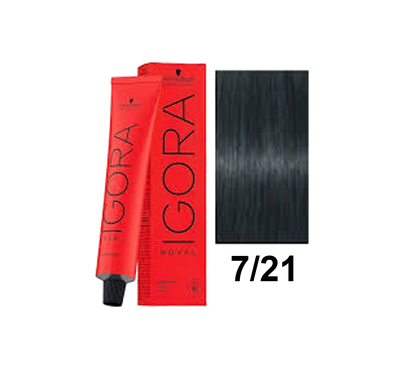 Tinte Schwarzkopf Igora Royal en tono 7.21, color rubio ceniza claro, en envase con tapa y etiqueta visible.