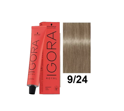 Tinte Schwarzkopf Igora Royal en tono 9.24, color rubio claro dorado, muestra el frasco de la tintura de cabello.