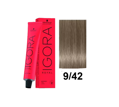Tinte Schwarzkopf Igora Royal en tono 9.42, color rubio ceniza claro, en frasco con tapa.