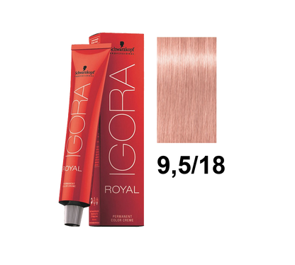Tinte Schwarzkopf Igora Royal en tono 9.5.18, color rubio ceniza claro con matices dorados, en botella para aplicación capilar.