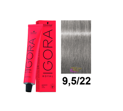 Tinte Schwarzkopf Igora Royal en tono 9.5.22, color rubio ceniza para cabello, con frascos y tubo de tintura.