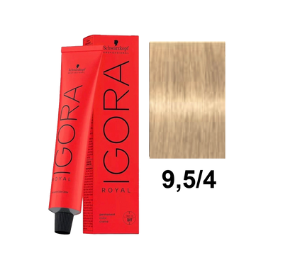 Tinte Schwarzkopf Igora Royal color 9.5.4 en botella, con muestra del tono rubio oscuro dorado para cabello.