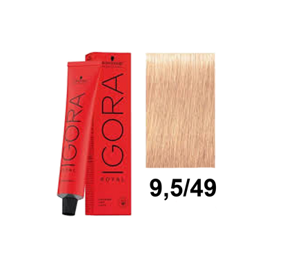 Tinte Schwarzkopf Igora Royal en tono rubio miel 9-5.49, bote de tintura con coloración en el envase.