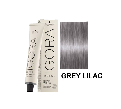 Tinte Schwarzkopf Igora Royal en color gris lila, muestra el frasco de tintura para cabello en envase de color púrpura y gris.